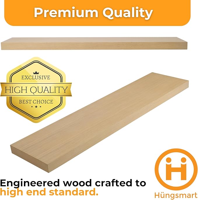 HÜNGSMART 48 Inch Wooden Floating Shelf – Supports 300lbs – Carpenter Designed - Engineered Wood 4 Foot Long - Oak Finish – Includes Laser Welded Precision Wall Bracket (48 inches x 11 13/16 inches)