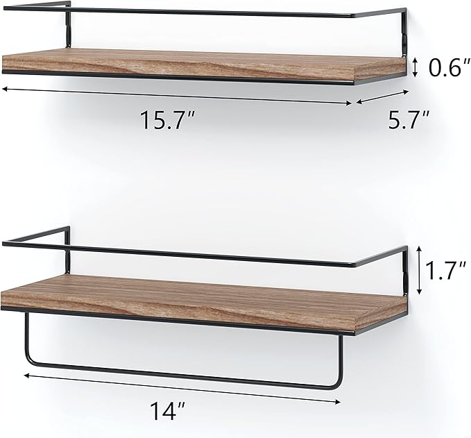 Shario Rustic Wood Floating Shelves - Set of 2, Wall Mounted Hanging Shelves with Black Towel Rack, Decorative Storage Shelves for Bathroom, Kitchen, Living Room & Bedroom (Light Wood, 15.7 Inches)