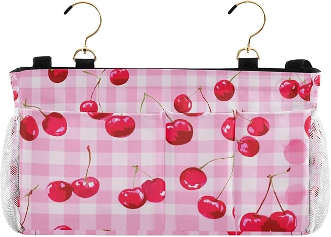 Bedside Caddy Hanging Bunk Bed Caddy Bed Organizer Hanging Pocket with 2 Hooks Bedside Storage Organizer Pocket Bag Holder Pink Juicy Checkered Cherry