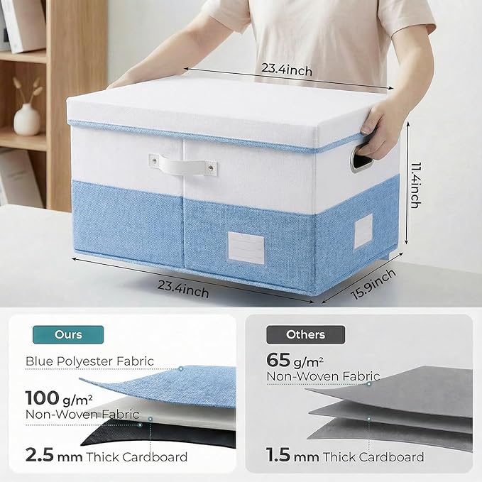 PRANDOM Collapsible Storage Bins with Lids [3-Pack] Linen Fabric Foldable Storage Boxes Organizer Containers Baskets Cubes with Cover for Bedroom Closet Nursery Blue&White (23.4X15.9X11.4)