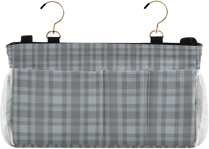 Bedside Caddy Hanging Bunk Bed Caddy Bed Organizer Hanging Pocket with 2 Hooks Bedside Storage Organizer Pocket Bag Holder Grey Plaid