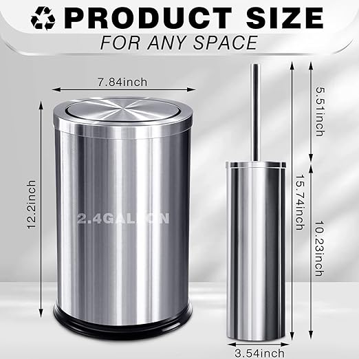 Maxdot 2 Pcs Silver Bathroom Trash Can with Flipping Lid 2.4 Gallon/9 L and Toilet Brush Set, Small Stainless Steel Garbage Trash Can Toilet Cleaner Brush Wastebasket Bin for Bathroom Bedroom Office