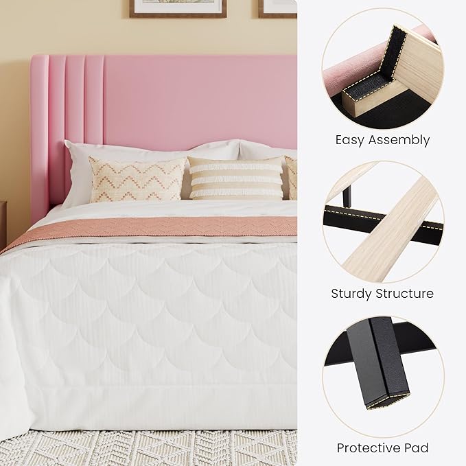 SHA CERLIN King Size Velvet Upholstered Platform Bed Frame with Vertical Channel Tufted Wingback Headboard, Wooden Slats Support, Easy Assembly, Under Bed Storage, No Box Spring Required, Pink