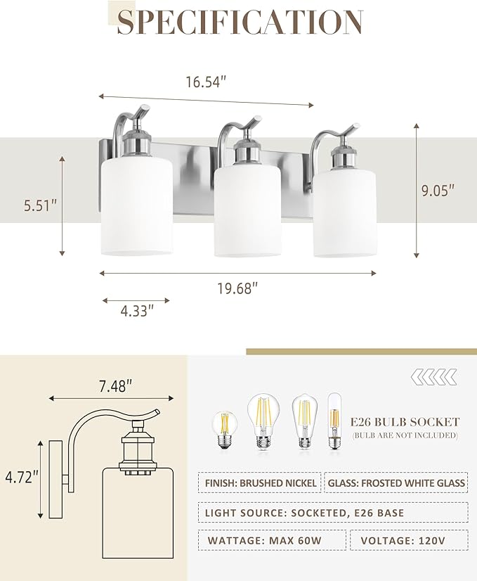 Milk Glass Bathroom Light, 3-Light Vanity Light Fixture, Brushed Nickel Wall Sconce, VL01BNW-3