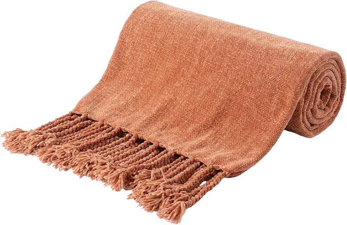 BATTILO HOME Fall Caramel Throw Blanket for Couch, Bed, Sofa - Soft Cozy Rust Orange Chenille Throw with Fringe Tassels, Lightweight Fall Knit Throw for Fall Decor, 50"x60"