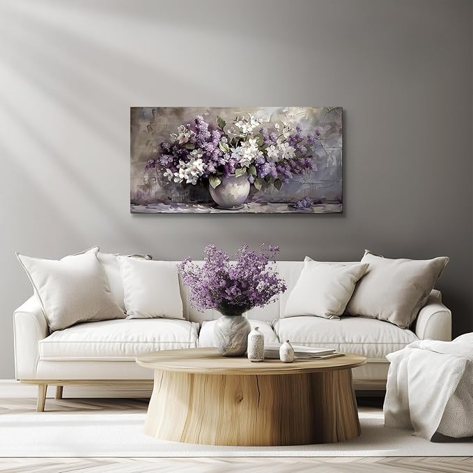 SERIMINO Still Life Large Wall Art, Purple Floral Canvas Prints Paintings, Vintage Vase Flowers Pictures Wall Decor Living Room Bathroom Kitchen Farmhouse Decor Artwork 20"X40"