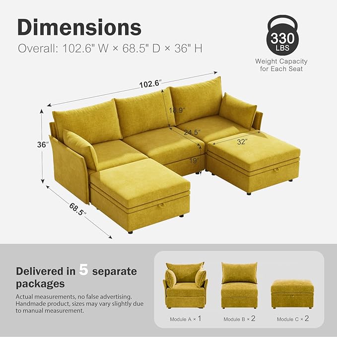 ABCASA 102.6" U Shaped Modular Sectional Sofa, 5 Seater Couch with Storage Ottoman Deep Seat and High Backrest with Removable Cover for Living Room, Apartment - Chenille Yellow