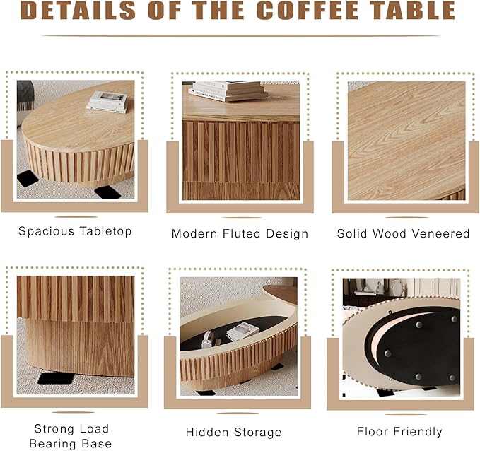 Oval Coffee Table with Storage, Modern Wooden Coffee Table with Solid Wood Veneered, Fluted Center Table Drum Tea Table for Living Room Apartment, 47.2''L×23.6''W×14.2''H