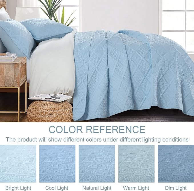 Yiran Ash Blue Quilt Set King Size, 3 Piece Reversible Bedspreads Bedding Set, Fall Diamond Pattern Coverlet for All Season with 2 Pillow Shams (King, 106x96 Inch)