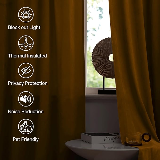StangH Mustard Gold Velvet Curtains Rustic Privacy Room Darkening Curtains for Bedroom/Sliding Door, Gold Backdrop Panels for Halloween Party, W52 x L96, 2 Panels
