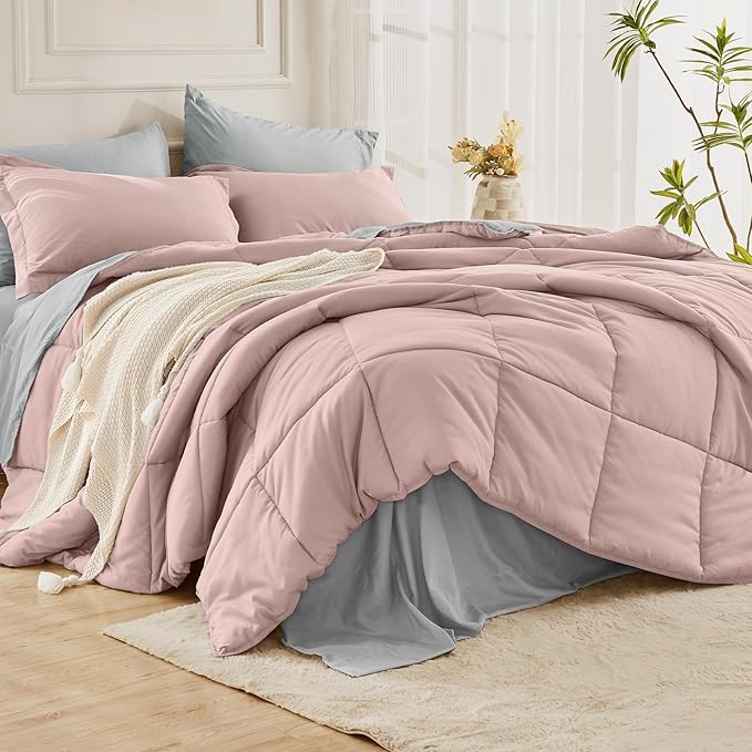 JOLLYVOGUE Queen Comforter Set, Ultra-Soft Bed in a Bag Queen Size 7 Pieces, Oeko-TEX Certified Bedding Set with Down Alternative Comforter, Sheets, Pillowcases & Shams, Pink & Light Grey