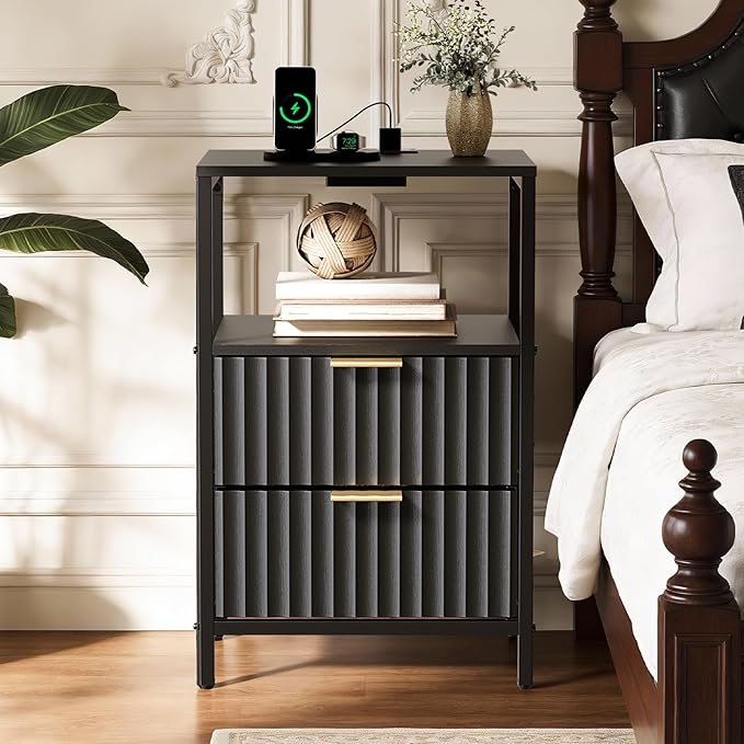 VINGLI Black Nightstands Set of 2, Fluted Nightstands with Charging Station, Night Stand Set of 2, Small Bedside Table with Drawer Fabric, Bed Side Table/Night Stand with Charging Station for Bedroom