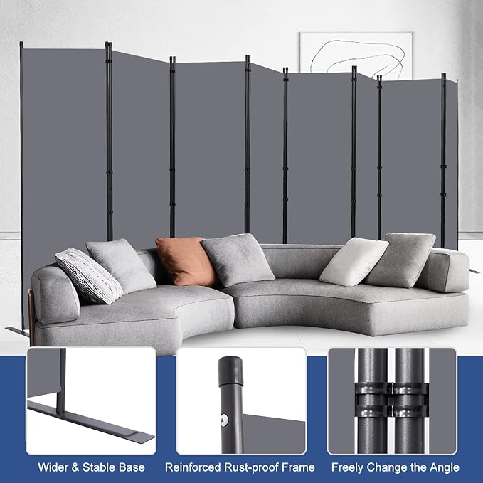 Room Divider Folding Privacy Screens with Wheels, 6FT Tall Divider for Room Separation, Movable Room Partitons and Dividers, Indoor Room Dividers Panel with Fabric (Grey, 8 Panel-176‘’-Flat Base)