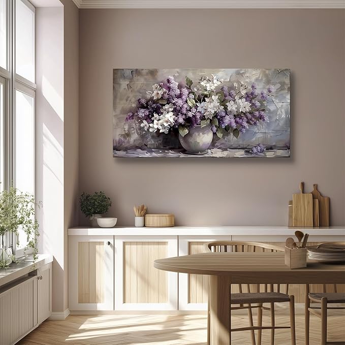 SERIMINO Large Wall Art for Living Room, Still Life Flowers Canvas Prints, Purple Floral Botanical Decor Paintings, Modern Aesthetic Pictures Wall Decor, Farmhouse Kitchen Artwork 29"X57"
