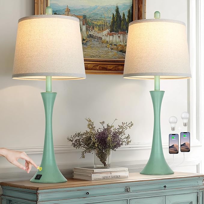 Coastal Modern Green Table Lamps Set of 2 for Living Room, 27.5" Tall Bedside Lamp with USB Charging Port,3-Way Dimmable Touch Nightstand Lamp for Bedroom Desk Side Table Office,Green