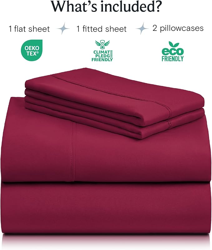 LuxClub 4 PC King Sheet Set, Deep Pockets Wrinkle Free Cooling Bed Sheets Hotel Bedding for Women, Men, Includes 1 Fitted Sheet, 1 Flat Sheet and 2 Pillowcases-Burgundy