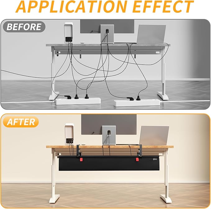 No Drill Under Desk Cable Management Tray, 28" Cord Organizer with Clamp, Fabric Cable Management for Standing Desks, Ideal for Home & Office - Black
