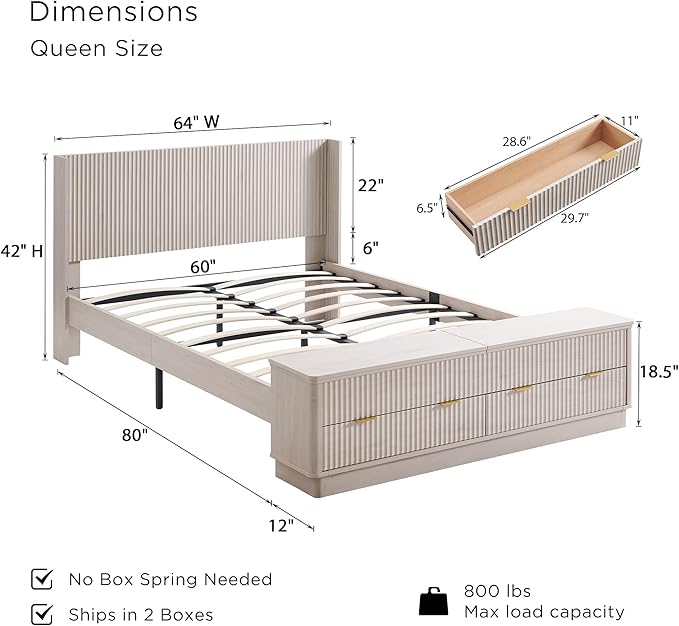 T4TREAM Fluted Queen Size Bed Frame with Wingback Headboard, Footboard Storage Bench with Built-in Drawers & Lift-Up Compartments, Wood & Steel Platform Bed, No Box Spring Needed, White Alder
