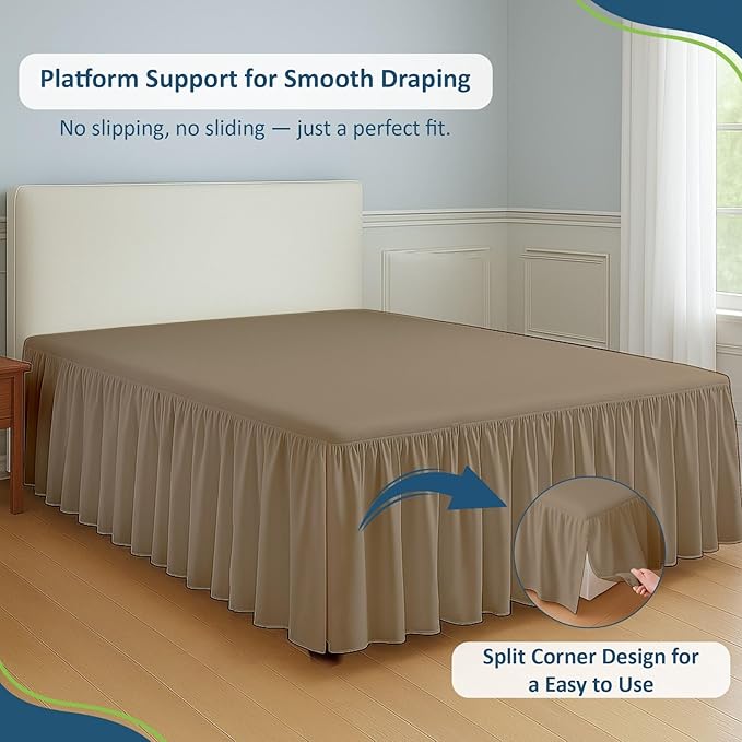 Rajlinen Ruffled Bed Skirt King, 24 Inch Drop Dust Ruffle with Split Corners, 100% Microfiber Bedskirt with Platform, Three-Sided Coverage Ruffled Gathering Design, Taupe