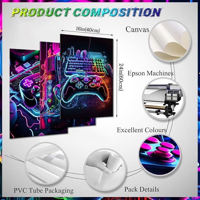 Game Room Decor Posters Set of 3 - Neon Gaming Accessories Theme Canvas Wall Art, Gamer Console Paintings Picture Wall Decor for Children Youth Boys Bedroom 16x24 inch Unframed