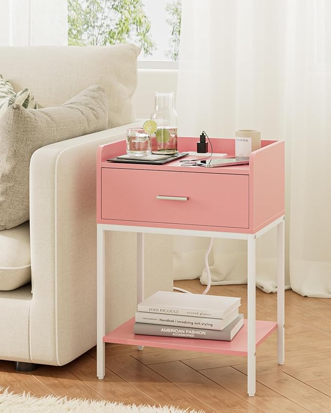 Masupu Nightstand with Charging Station,3-Tier Modern Bedside Night Stand with Storage Drawer and Shelf,Small End Side Table for Bedroom,Living Room,Pink and White