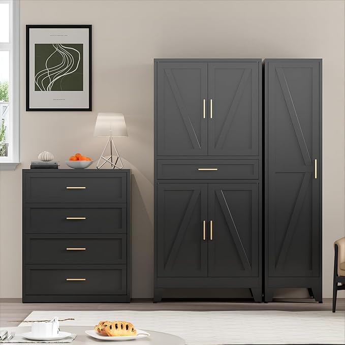 COFaR 71" Tall Metal Storage Cabinet with 4 Doors and 4 Adjustable Shelves, 6-Tier Farmhouse Storage Cabinet with Drawers and Legs, for Office, Home, Garage, Gym, School, Living Room, Hallway（Black）
