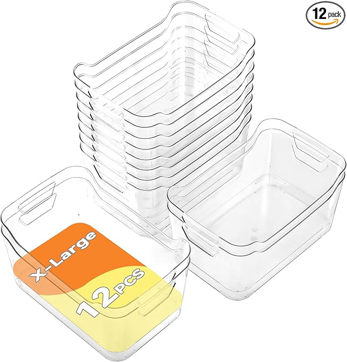 Clear Plastic Storage Bins - 12 Pack Pantry Organizers and Storage, Clear Pantry Organizer Bins, X-Large Plastic Containers with Handle for Kitchen,Freezer,Cabinet,Closet,Bathroom Under Sink