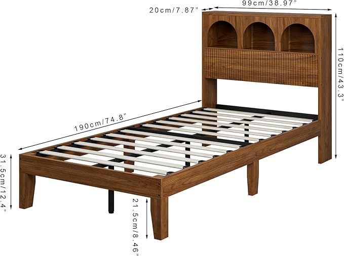 Twin Bed Frame with Wave Headboard, Wooden Headboard with 3 Arched Storage Compartments, Platform Bed with Wood and Metal Slats, No Box Spring Needed, No Noise (Twin-Walnut)