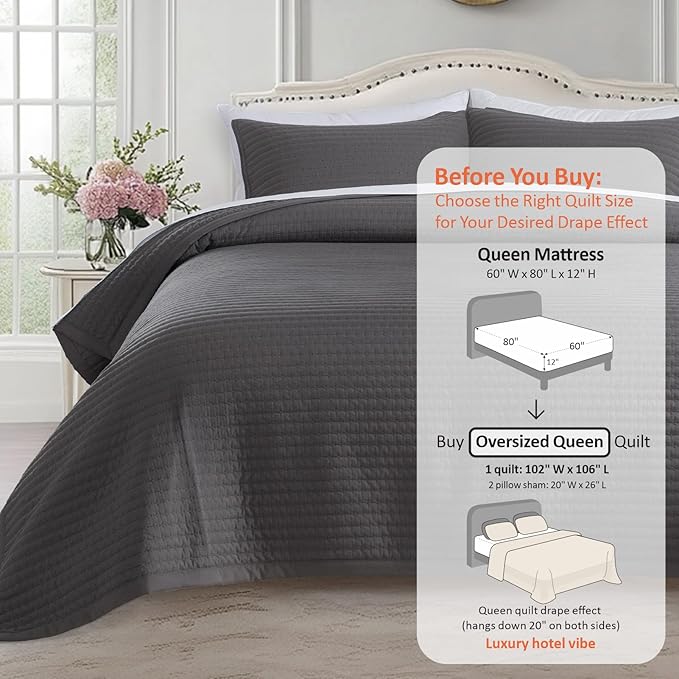 KASENTEX Oversized Queen Quilt Set 102"x106" – Soft Washed 3-Layer Lightweight Bedspread, Minimalist Nordic Design, All-Season Spring & Summer Quilt Set (1 Quilt + 2 Pillow Shams),Tornado Dark Grey