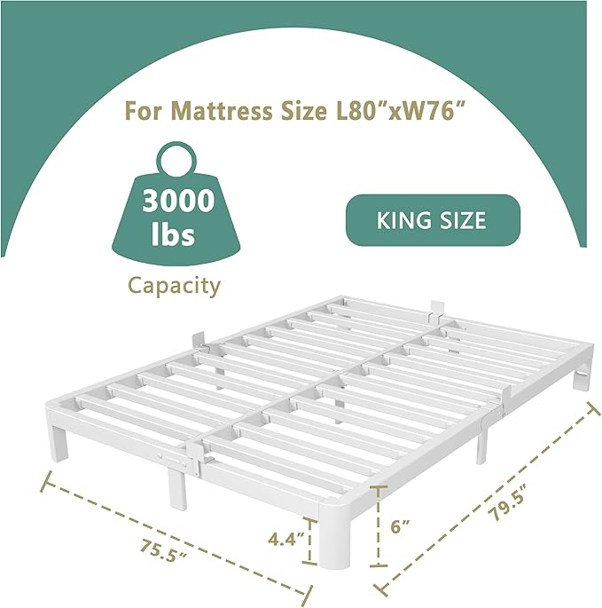 ITIMIDI 6 Inch King Size White Bed Frame with Metal Gaskets,Metal King Bed Frame Platform, No Box Spring Needed, Heavy Duty Steel Support 3000 LBS, Anti-Slip Mattress Stopper, Easy Assembly