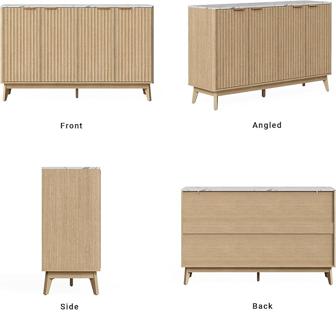 Sideboard Cabinet, 55'' Buffet Cabinet with Faux Marble Top & Adjustable Shelf, Modern Fluted Storage Cabinet, Accent Credenza Sideboard for Kitchen, Living Room, Entryway