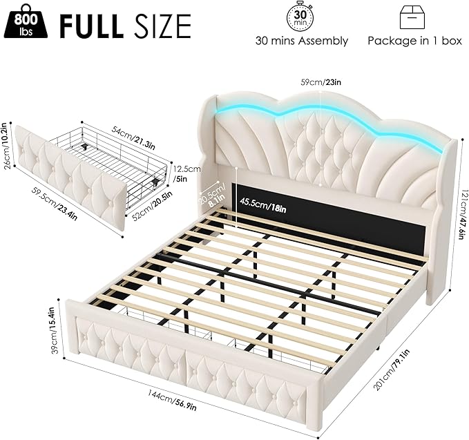 Keyluv Full Bed Frame Arc-Shaped LED Lights and 47.2" Height Wingback Bed, Button Tufted Headboard and Footboard with Storage Drawer, Velvet Upholstered Platform Bed Frame No Box Spring Needed, Beige