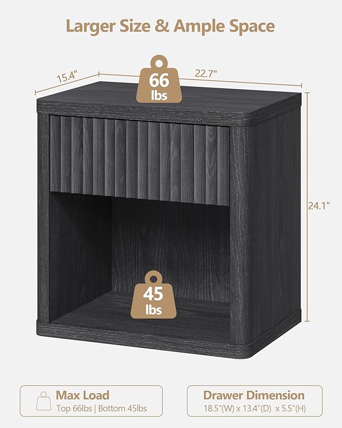 SICOTAS Night Stand Set of 2 Nightstands with Drawer Storage Fluted Bed Side Table End Table Large Modern Wide Bedside Mid Century Night Stands for Bedroom Living Room Sofa Office, Dark Grey Alder