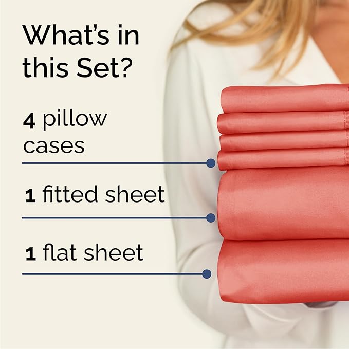 Queen 6 Piece Sheet Set - Cooling, Comfy & Breathable - Hotel Luxury Bedding, Includes Fitted Sheet for Women, Men, Kids and Teens - 1 Flat, 1 Fitted Sheet, 4 Pillowcases with Deep Pockets - Coral
