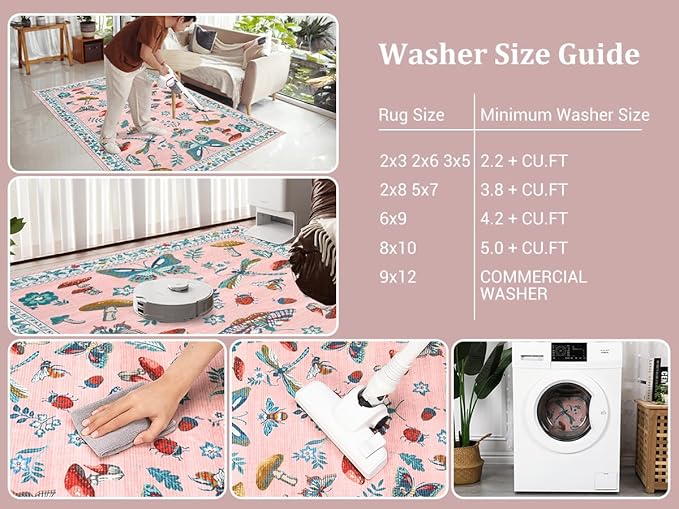 Mushroom Insect 8x10 Area Rugs, Washable Rugs for Living Room Non Slip Stain Resistant Low Pile Modern Butterfly Carpet for Bedroom Dining Room Nursery Playroom Office, Pink