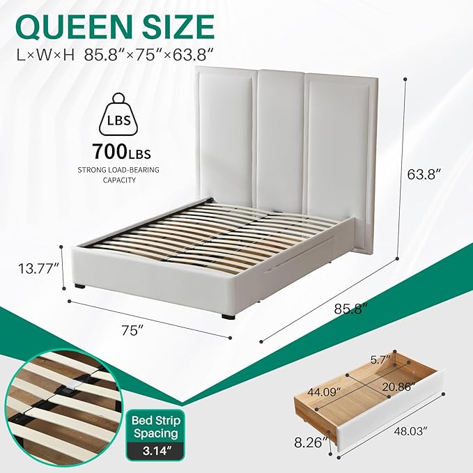 YUHUASHI Queen Size Bed Frame with 64-inch High Headboard, Simple and Airy Linen Upholstered Platform Bed with Storage Drawers, Wood Slat, No Noise (White, Queen (U.S. Standard))