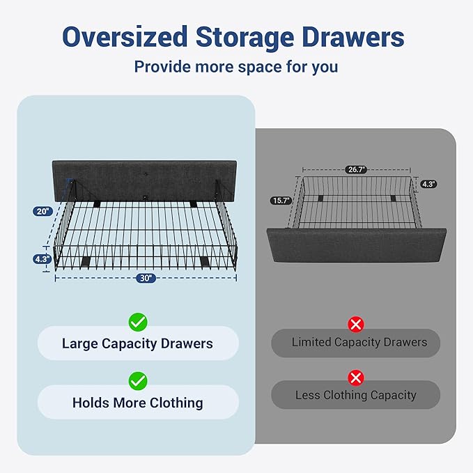 Allewie Vertical Tufted King Size Upholstered Platform Bed Frame with 2-Tier LED Storage Headboard & 2 Storage Drawers, USB & Type-C Charging Ports, Noise-Free/No Box Spring Needed, Dark Grey