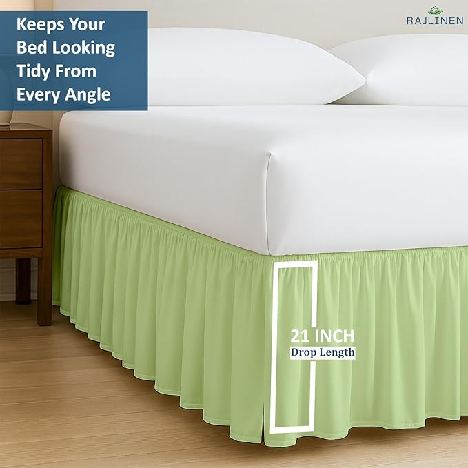 Rajlinen Ruffled Bed Skirt Full, 21 Inch Drop Dust Ruffle with Split Corners, 100% Microfiber Bedskirt with Platform, Three-Sided Coverage Ruffled Gathering Design, Sage
