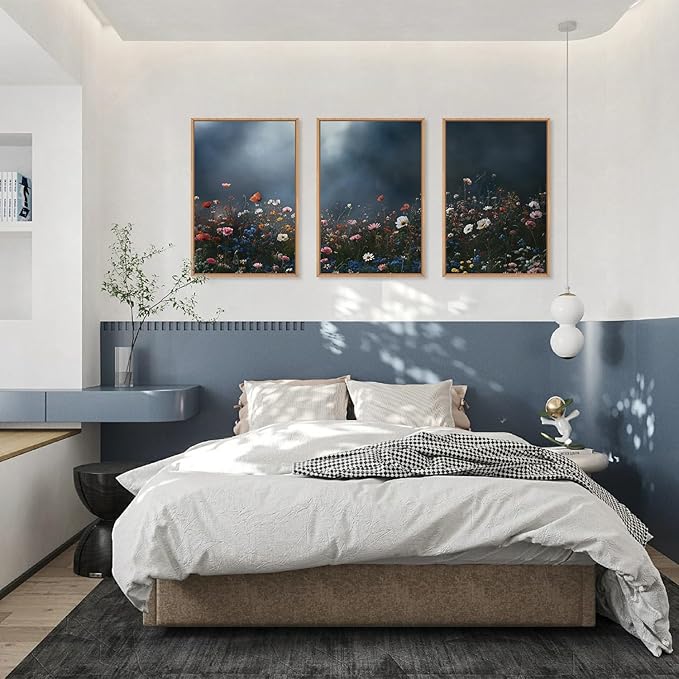 LHIUEM Large Nature Moody Floral Framed Canvas Wall Art,Abstract Dark Wall Decor,Wildflower Botanical Landscape Wall Painting,Picture Artwork for Living Room,Bedroom,Dining Room,Office -16"x24"x3