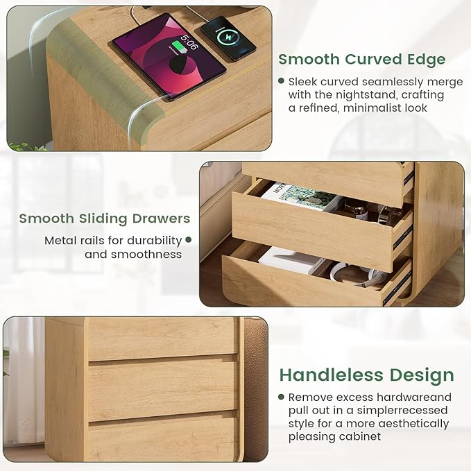 Farmhouse Nightstand, 25" Tall Wood Bedside Table with Charging Station, 3 Storage Drawers Side Table, Large End Table Night Stand for Bedroom, Office, Sofa, Curved Profile, Natural