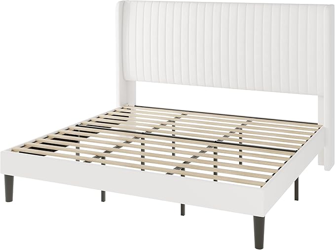 Allewie King Size Velvet Bed Frame/Vertical Channel Tufted Wingback Headboard/Upholstered Platform Bed/No Box Spring Needed/Strong Wooden Slats/Easy Assembly/White