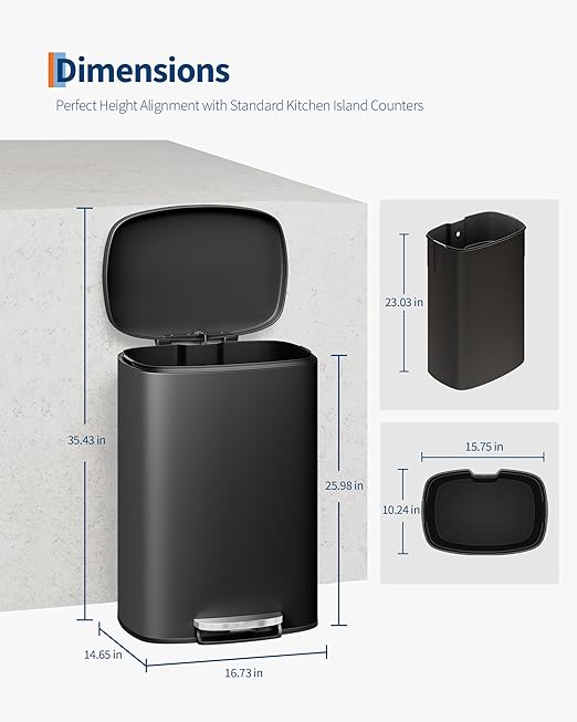 GarveeHome Stainless Steel Kitchen Trash Can, 13 Gal / 50 L Step-On Garbage Bin with Soft Close Lid, Large Rustproof Metal Trash Can for Kitchen, Black