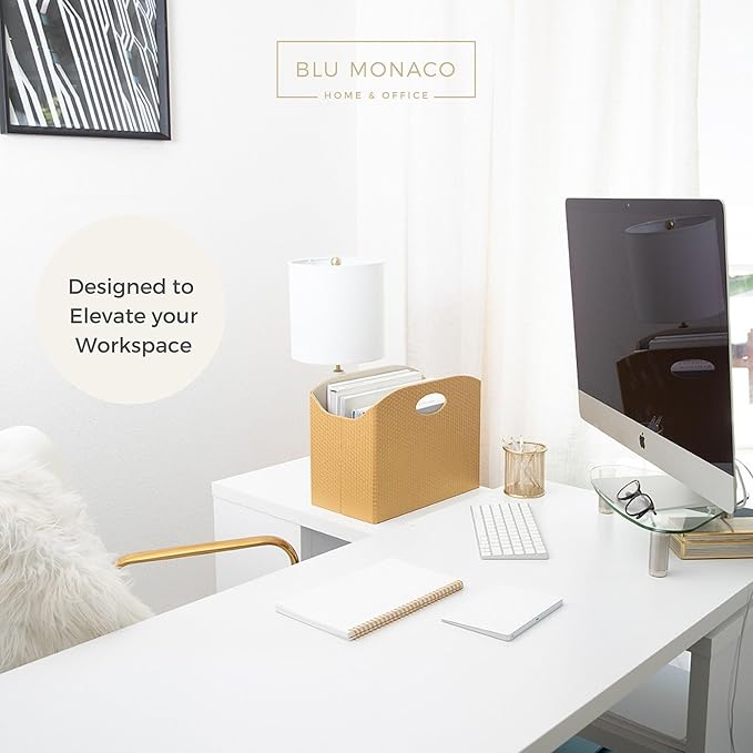 BLU MONACO | Gold Magazine Holder | Woven PVC Leather Organizer with MDF Frame | Floor or Table Storage for Home Office Bathroom | Large Capacity Vertical File Basket