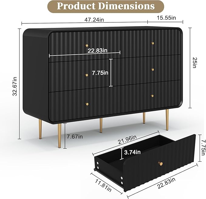 HLR Fluted 6 Drawers Dresser, 48'' Wide Modern Chest of Drawers with Gold Metal Handles,Dresser TV Stand for 2 Piece, Wood Dressers & Chest of Drawers for Bedroom, Living Room, Hallway (Black)