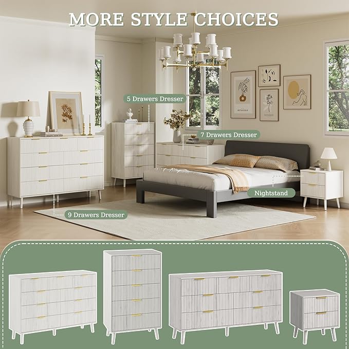 LYNSOM Fluted 9 Drawer Dresser for Bedroom, 55" Wide Modern Chest of Drawers with Curved Profile Design and Metal Handles, Wood Dresser TV Stand & Storage Organizer for Bedroom, Hallway, White