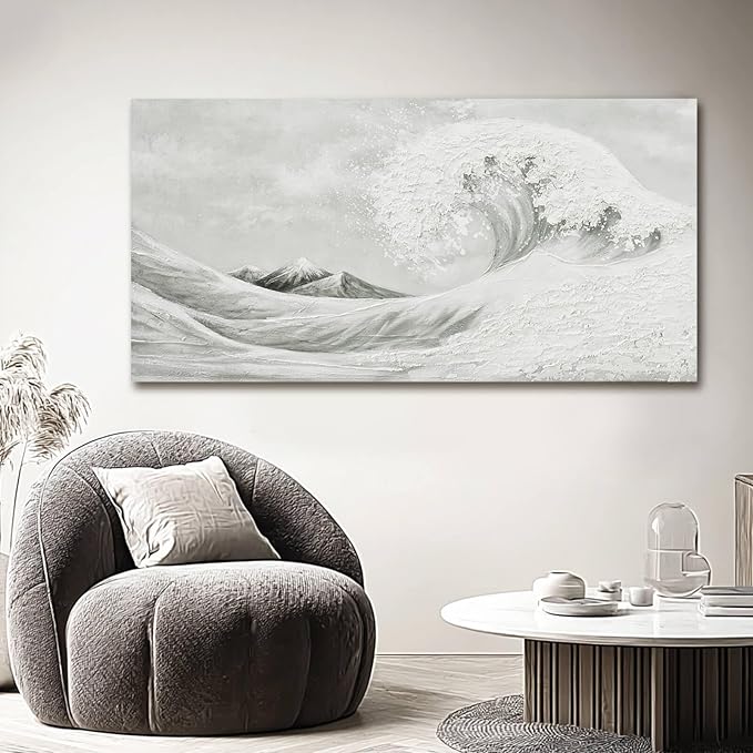 YETHEN WAL Neutral Grey & White Wave Wall Art – Textured Minimalist Canvas Print, Modern Coastal Decor for Hallway Entryway Bedroom, 20×40 Inch