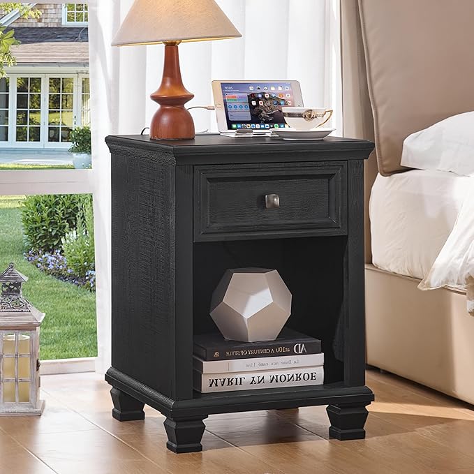 SAVOR LIFE Farmhouse End Tables Living Room Set of 2, Rustic Wood Nightstand with 1 Drawer, Bedside Table with Open Shelf for Bed Room, Side Table for Living Room, Black