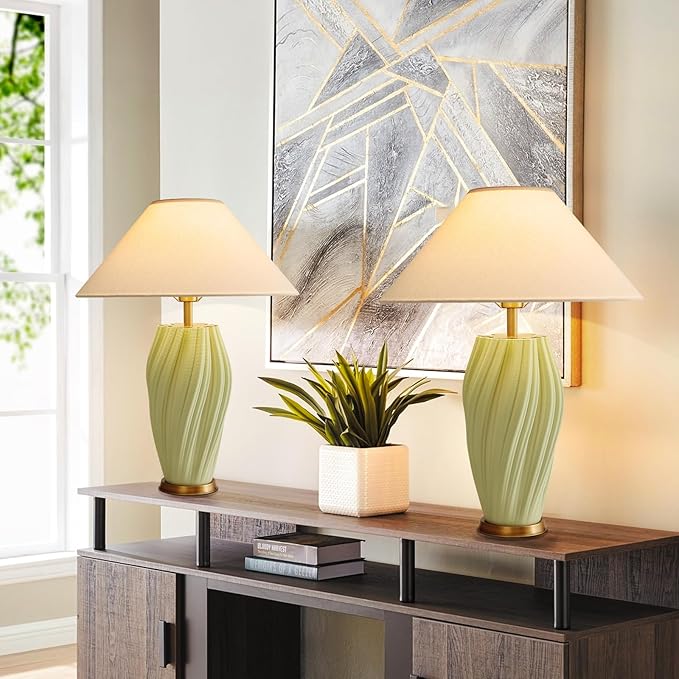 Modern E26 Ceramic Table Lamps 20.5", Sage Green Plug in Table Lamp Funky Decor for Living Room Desk End Bedroom Bedside Room Office