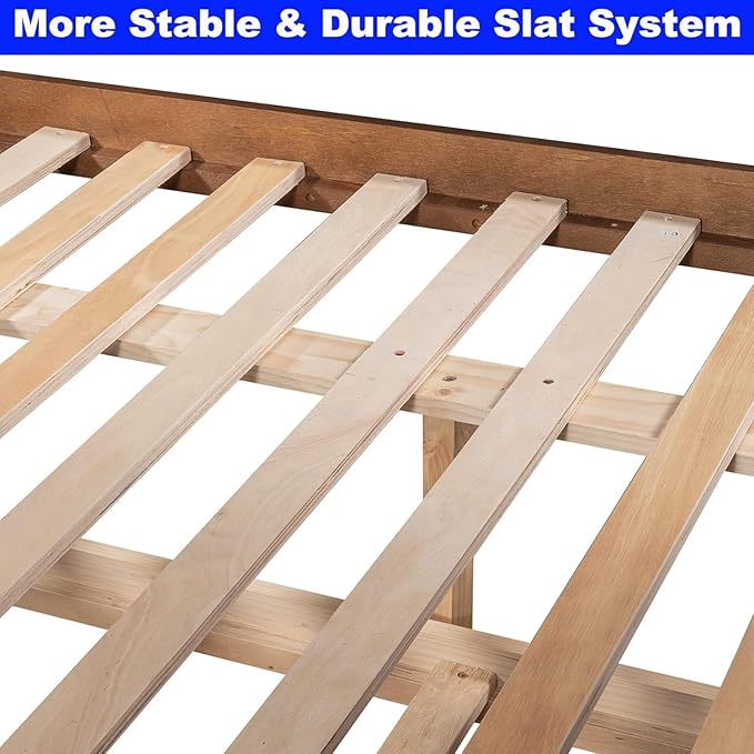 STERXONE Best Thicken Solid Wood Full Over Full Bunk Bed with Trundle, Luxurious Bunk Bed Frame Full Size with Safety Guard Rail and Ladder, Convertible to 2 Beds for Adults, Teens (Walnut)