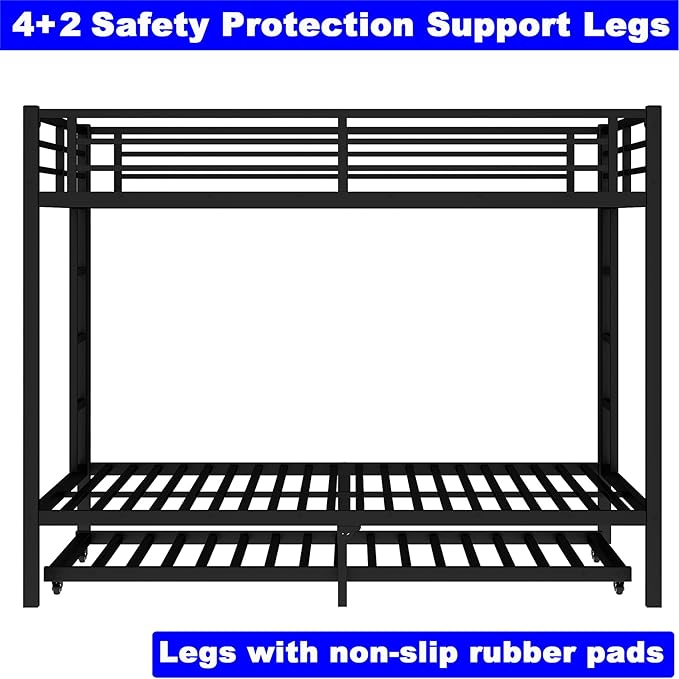 Upgraded Version Thicken Metal Heavy Duty Queen Over Queen Bunk Bed with Trundle, Best Modern Style Stronger BunkBed Frame Queen Size with Ladders for Adults, Easy Assembly (with Trundle)